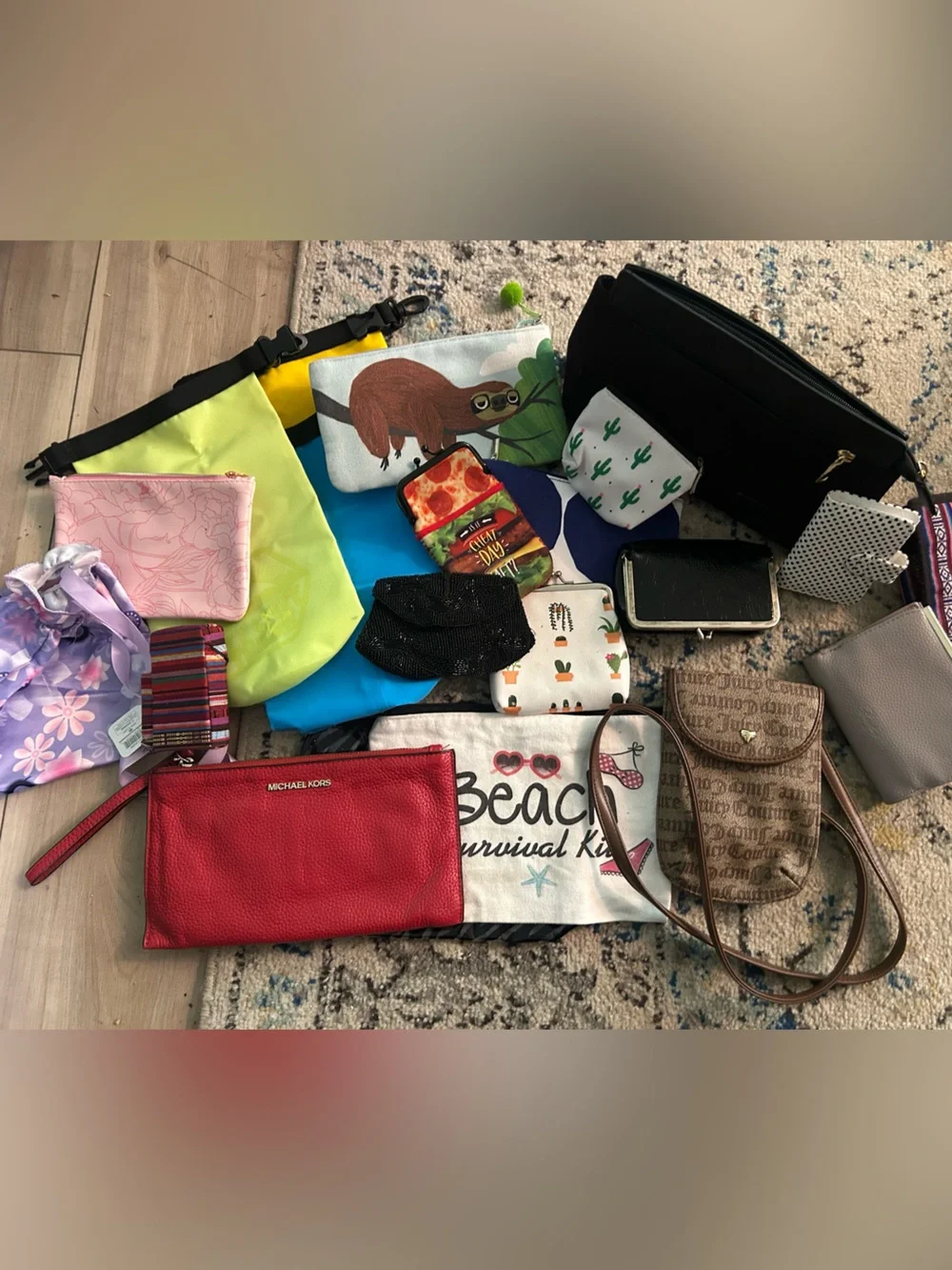 Travel wristlet lot with many different pouches, wallets & dry bags